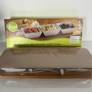 NIB Food Network 3 Square Dip Bowls with Tray White Bowls & Wood Tray